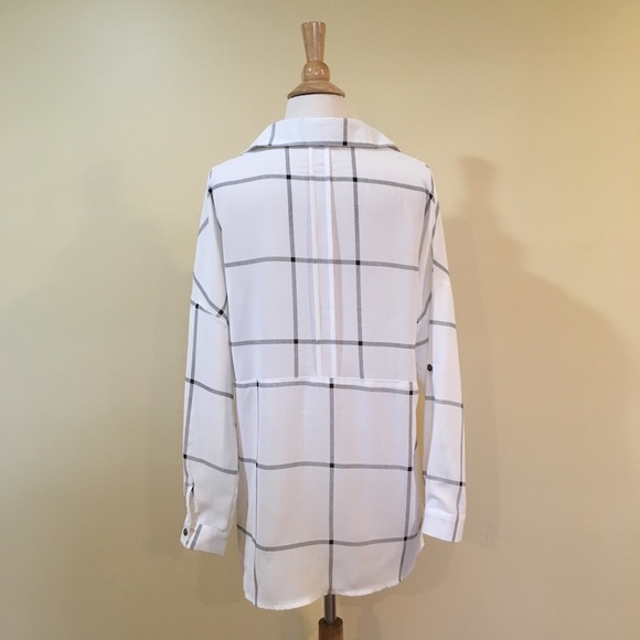 White Windowpane Check Button Front Henley Blouse - Picture 7 of 8